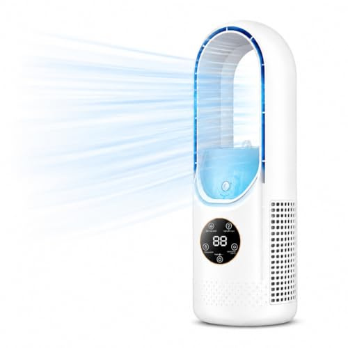 Turmventilator,Rotorloser Ventilator mit Luftreiniger Befeuchtungsspray | BLadeless Fan für Büro,Zuhause,Beleuchtung,6 Geschwindigkeiten,Timer,Touch,LED-Display (Weiß)
