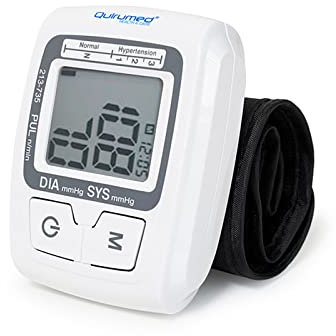 QUIRUMED Tensiómetro digital de muñeca, Esfigmomanómetro electrónico, Automático, Medición de la presión arterial, pantalla LCD, Manguito de 14-19.5 cm, 2 pilas AAA 1,5V