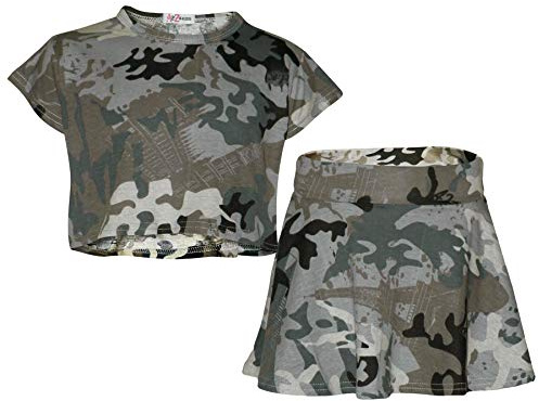 A2Z 4 Kids Girls Camouflage Crop Top Skater Skirt Set Age 5-13 | Trendy summer outfit for holidays, parties and casual everyday wear