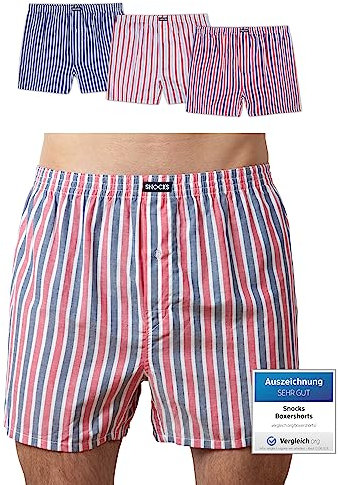 Snocks Caleçon Homme Américain Lot de 3 – Boxer en Coton Bio Certifié GOTS, sous-Vêtement Confort sans Couture – Tailles M – 3X Rayures (Bleu Marine/Rouge/Blanc)