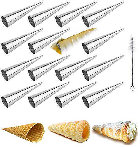 MKNZOME 16 pezzi coni da forno con spazzola per la pulizia in acciaio inossidabile conica crema pasticcera corno stampi a spirale croissant shell crema rotolo stampo da forno