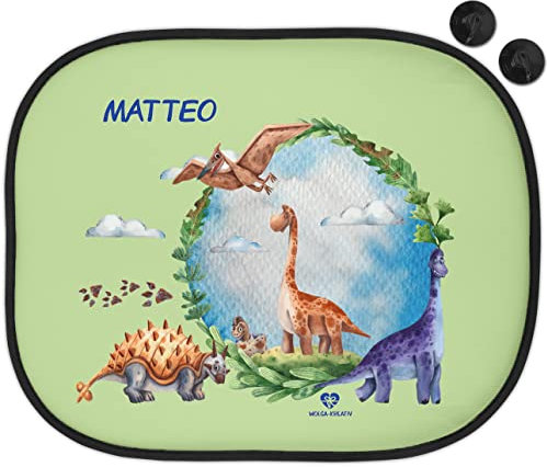 wolga-kreativ Sonnenschutz Auto Fenster Sonnenblende Verdunklung Baby Kinder personalisiert für Seitenscheiben Dinosaurier Knochen Junge mit Name Wunschname Bedruckt