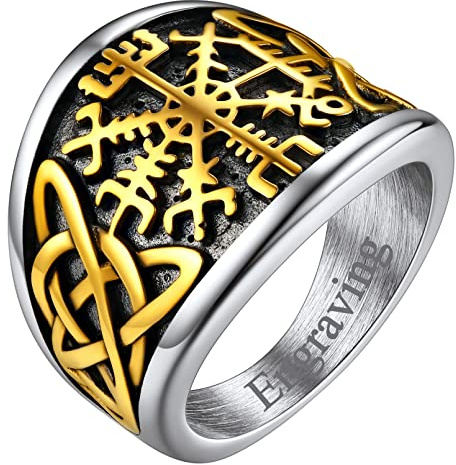 FaithHeart Personalisierter Statement Vikings Kompass Ring mit Keltischer Knot Wikinger Kompass Amulett Siegelring mit Vegvisir Partnerring für Paar Pärchen