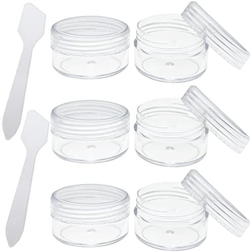 Lot de 6 petits pots d'échantillons de voyage avec couvercles de 10 ml pour articles de toilette et 2 mini spatules rechargeables pour cosmétiques, crèmes, lotions, nail art, paillettes