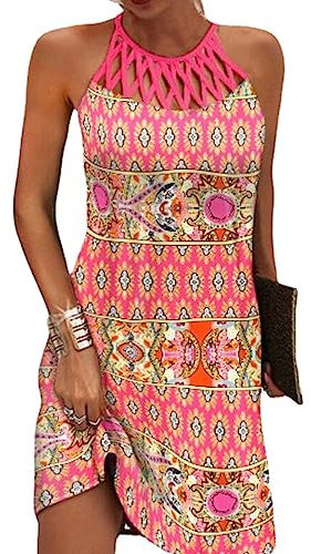 LAZIRO Women's FrüHling Und Sommer Rundhalsausschnitt Vintage Hollow Neck Slim Sleeveless Hanging Neck Print Dress
