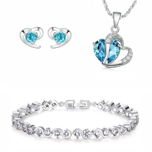 KIM JOHANSON® Damen Schmuckset *Emilia* in Silber I Herz Halskette mit Anhänger & Ohrringe aus Edelstahl I Blaue Ohrstecker & Kette I Set für Frauen I Kristall Armband I Wasserfest inkl. Schmuckbeutel
