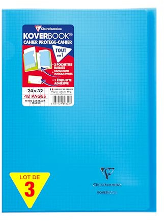 Clairefontaine 984602AMZC Un lot de 3 Cahiers Agrafés Koverbook 24x32 cm - 48 Pages Petits Carreaux avec Marge 90 g - Couverture Polypro - 3 couleurs assorties (Bleu, Rouge et Vert)