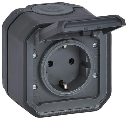 LEGRAND, Plexo New Feuchtraum-Aufputz-Steckdose, Schuko-Standard, inklusive Klappdeckel, Berührungsschutz, Steckklemmen, 16 Ampere, 250 Volt, IP44 - IK07, Farbe: Anthrazit, 069799L