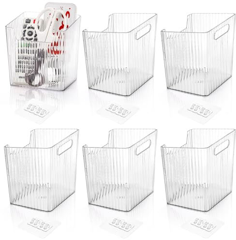 WRINGKIT 6 Pack Wall Mount Storage Bins, Plastic Hanging Bin with Self-Adhesive Hooks, Stackable Storage Organizer Holder Basket for Walls, Kitchen, Bathroom, Freezer, Under Sink
