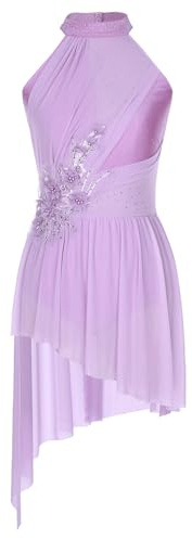inhzoy Robe De Patinage Artistique sur Glace pour Femme Robe Danse Ballet Spectacle Asymétrique Fleur Broderie sans Manches S-XXL