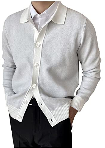 Maglione da uomo con colletto a scialle alla moda casual in filato lavorato a maglia con bottone a risvolto a maniche lunghe maglione cardigan giacca da uomo in lana cardigan maglione, bianco, 3XL