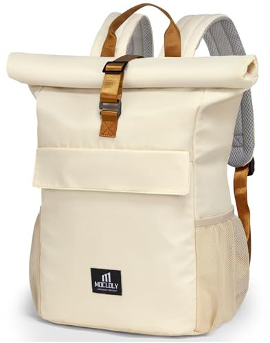 MOCLOLY Laptop Backpack Damen & Herren - Wasserdicht - Mit Laptopfach Klein Travel Rolltop Rucksack, Beige Elegant Reiserucksack für Uni Business Arbeit City Reise