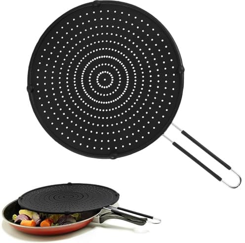 katmerio Silikon Spritzschutz für Bratpfanne, 32cm Fettspritzern für Pfanne, Pfannen Spritzschutz mit Klappbarem Griff, Universal Pfannenspritzschutz, geeignet zum Kochen und Braten, Schwarz