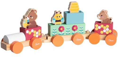 Chicco Holzspielzeug, Teddybär-Zug, Montessori-Spiel, 3 Exklusive Figuren, 5 farbige Blöcke, Zug mit 3 freilaufenden Waggons, Mädchenspielzeug, Kinderspielzeug ab 2 Jahren, Geschenkidee