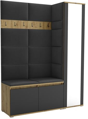 Brent - Garderobenschrank Flur Artisan Eiche Schwarz mit sitzbank 145 cm Breit Luton 7 - Multifunktionale Flurgarderobe Set mit Stauraum und Wandpaneel, Garderobe mit Sitzfläche und Kleiderhaken