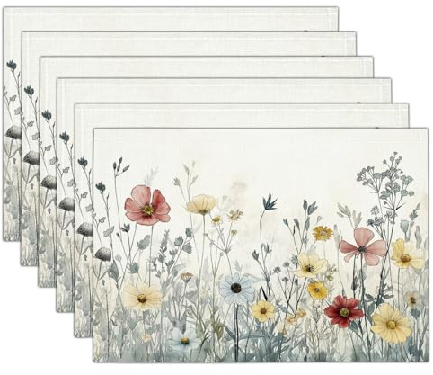 Platzsets Abwaschbare Placemats Set 4Er 45X30 cm Tischsets Platzdeckchen Platzset Tischset Esstisch Telleruntersetzer Waschbar Weiß Einfache Blumen Schöne Pflanzen