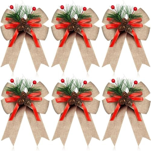 Fangxuee 12PCS Christmas Burlap Bow with Pine Cones Pine Needles Xmas Checkered Ribbon Bow Christmas Tree Decoration Bows