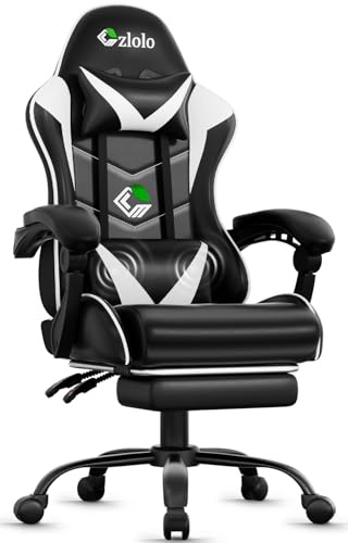 Czlolo Gaming Chair, Computer Chair with Footrest, Racing Style Video Game Chair with Masaager Lumbar Support and Headrest, 90°-135° Recline, Linkage Armrests, Gamer Chair for Adults and Kids (White)