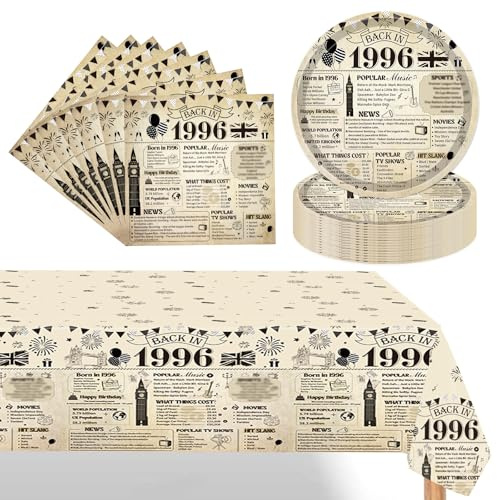 Eiapadeor 30th Birthday Decorations Tableware Set - 37 Pcs 30th Birthday Party Plates Napkins Table Cloth Vintage Back in 1996 Disposable Dinnerware Set for Women Men 30 Year Old Party Supplies