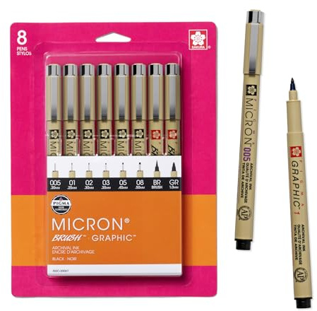 Sakura Pigma Micron, Graphic & Brush Fineline Pens, Archival Black Ink, 8 PK 30067