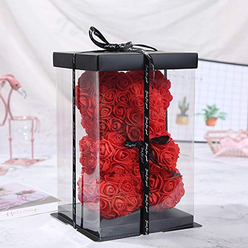 Supermolon - Orso con rose in schiuma, 25 cm con scatola regalo, originale – Orso di rose artificiali, ideale come regalo per San Valentino, anniversario, con biglietto (rosso)