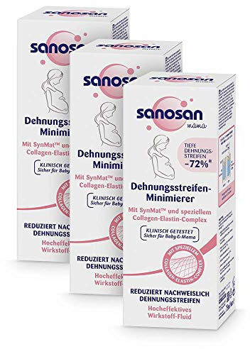 sanosan Dehnungsstreifen Minimierer klinisch getestet - Reduziert Dehnungstreifen nachweislich nach der Schwangerschaft - Dehnungsstreifen Creme ohne Paraffinöl, Farbstoffe, Silikone (3x 75 ml)