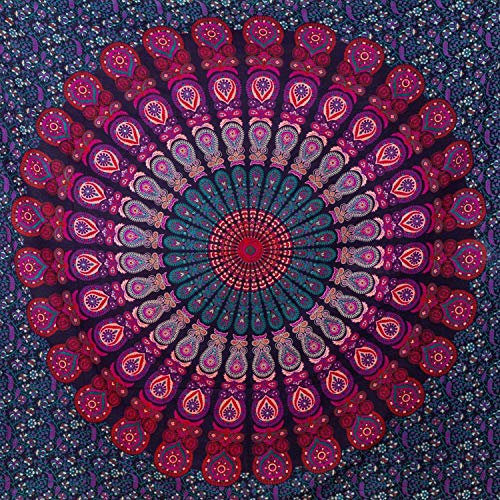 MOMOMUS Wandteppich Mandala - Mehrzweck, Bunt, 100% Baumwolle - Ideal als Wandteppich Aesthetic, Wandtuch Boho, Indischer Wandbehang aus Stoff oder Wall Tapestry - Lila, 210x230 cm