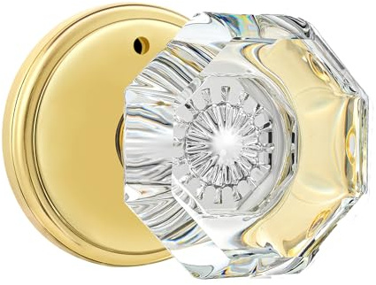 CLCTK Glass Door Knobs Interior with Lock, Privacy Octagon Crystal Door Knobs for Bed/Bathroom, Polished Brass, BMB-002