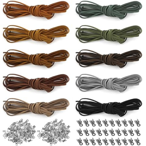 Yangfei 10 rotoli di corde in finta pelle, 50 m, cordino per il tempo libero, creativo, cordino in pelle vintage, cordino in pelle multicolore per bracciale collana gioielli con 100 chiusure (1,5 m x