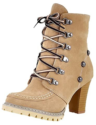 HOTRA Stiefeletten mit Nieten für Frauen Mode Schnüren Klobige High Heel Stiefeletten Lässiger Winterstiefel aus Wildleder (Color : Yellow, Size : 36 EU)