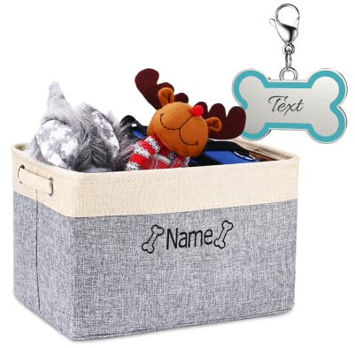 OXYEFEI Hundespielzeug Aufbewahrungskorb, Personalisierter Tiername und Muster, mit 1 Hundemarke, Faltbare Rechteck Aufbewahrungsbox für Katzenspielzeug/Hundekleidung und Zubehör (Stil 1 - Grau)