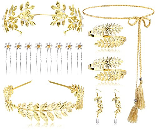 Milacolato 14Pcs Griechische Göttin Kostüm Für Damen Goldenes Lorbeerblatt Krone Tiara Oberarm Spiralarmband Haarschmuck Ohrringe Toga Taillengürtel Zubehör Schmuckset Party Hochzeit Halloween 14A