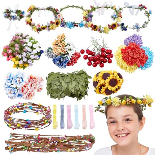 INFUNLY 20 Set DIY Flower Crowns Making Kit Handmade Floral Crown Garland Kit Machen Sie Ihren Eigenen Blumenkranz Haarschmuck Geschenk Für Mädchen/Teenager/Frauen