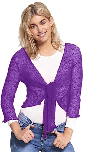 STAR FASHION Women's Plain Fish Net Knotted Tie Up Bolero Shrug Crop Top Ladies Knitted Three-Quarter Sleeve Cardigan Blouse Stretchy Lightweight One Size Fits All 8-14 Purple