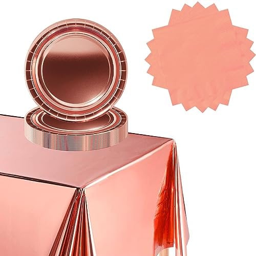 37Pcs Metallic Rose Gold Foil Party Tableware Set,Metallic Rose Gold Foil Dinnerset,RoseGold Foil Table Cloth and Paper Plates,Napkins for Birthday,Chritmas,Valentine's Day,Wedding Party Table Decor