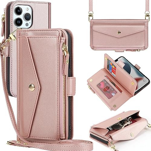 Zouzt for iPhone 13 Pro Max Wallet Case for Women, Purse with Credit Card Holder Slots Crossbody Lanyard Strap Zipper Flip Book Shockproof Protective Phone Cover for Apple 13 Pro Max 6.7 Inch (Pink)