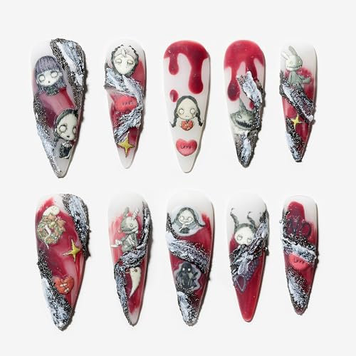 Sun&Beam Nails Handmade Press-on Long Almond Stiletto Red Black Alternative Halloween Gothic Design False Nail Tips 10 Pcs (#132 L)