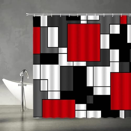 HOLEILUCK Abstrakter geometrischer Duschvorhang, rot, schwarz, grau und weiß, Quadrate, 3D, modern, schlicht, Heimstoff, Badezimmer-Dekor, Haken, 110 x 200 cm/B x L
