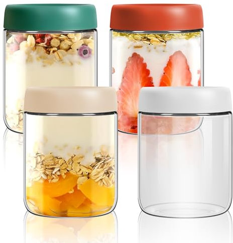 4 Pack 500ml Overnight Oats Gläser,Overnight Oats Behälter,Schraubgläser Mit Deckel für Overnight Oats Salat Joghurt Marmelade Chutney,Wiederverwendbare Glasbehälter Mit Deckel Rund Meal Prep Glas