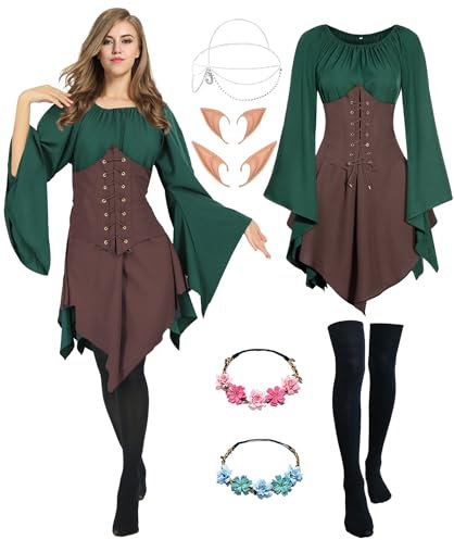 Mittelalter Renaissance Kostüme Kleid Damen Trompetenärmel Gothic Retro Kleidung Karneval Kostüm Piraten Elfen Cosplay Outfit mit Elfenohren Haarschmuck Overknee Socken für Fasching Halloween VL025M