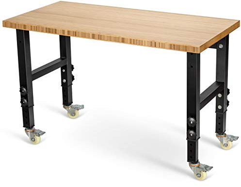 TANGZON 10-Level Height Adjustable Workbench, Heavy Duty Metal Frame Wide Bamboo Top Rolling Garage Work Bench with 4 Lockable Universal Wheels, Indoor Outdoor Large Workstation (Natural + Black)