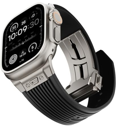 NewWays Watch Band for Apple Watch Ultra 2 Band 49mm 45mm 44mm 42mm, Luxury Rugged Silicone Rubber Strap with Metal Connector & Folding Deployment Clasp for iWatch Ultra Series 9 8 7 6 5 4 3 2 1 SE