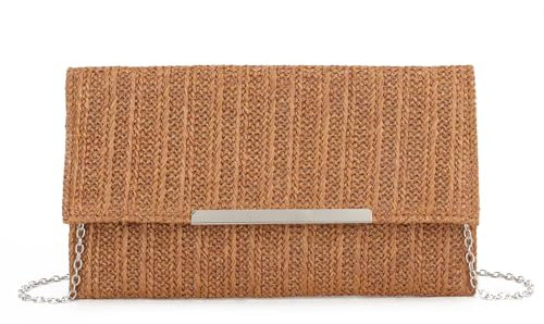 EVEOUT Pochette en Paille Tissée Femmes été Clutches Sac Paille avec Chaîne pour Parti Mariage Plage Vacances(Marron foncé)