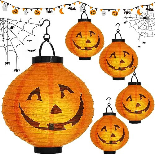 ZQEJEFD Halloween Laterne Papier,5 Stück Halloween Deko Garten 20cm Orange Papierlaterne mit Kürbismuster,Halloween Papier Lampion für Kinder,Halloween-Papierlaternen für Traufe Halloween Party Decor