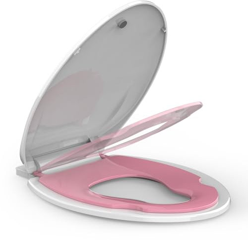 Toilet Seat Elongated,Toilet Seat with Toddler Seat Built in, Potty Training Toilet Seat Elongated Fits Both Adult and Child, with Soft Close, Easy Install and Clean - Elongated White and Pink