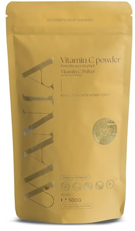MANIA Vitamin C Pulver 500 g – Veganes Acerola Vitamin C hochdosiert – Natürliches Vitamin C ohne Zusätze – Vitamin C hochdosiert Pulver für eine normalen Funktion des Immunsystems