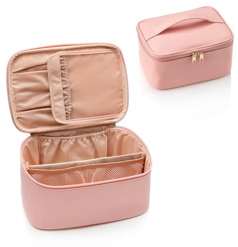 Make-up-Tasche, Tragbare Kosmetische Tasche, Reise-Make-up-Fall-Organisator der großen Kapazität, Schwarz für Frauen-Toilettentasche für Mädchen, die mit Griff und Teiler Reisen (rosa)
