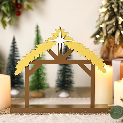 Cinnvoice Weihnachtskrippe aus Holz für Krippe, Dorf, Krippe mit Stern auf Dach, stabile Figur, 24,9 x 24,9 cm, Holz-Krippen-Set, Hintergrundzubehör für Tischplatte, christliche Heimdekoration