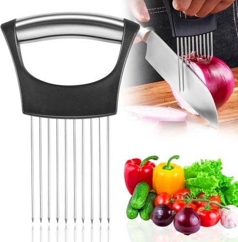 Soporte de Cebolla para Cortar, Soporte para Rebanadora de Cebolla Acero inoxidable Asistente de Rebanada Cortador de Verduras con 10 Dientes Utensilio de Cocina para Patatas Tomates Limones