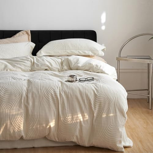 Sedefen Peluche Housse de Couette 220 x 240cm Blanc Flanelle Polaire Sherpa Parure de Lit 2 Personnes Hiver Chaude Réversible Shaggy Linge de Lit avec Fermeture Éclair et 2 Taie d'oreiller 65x65cm